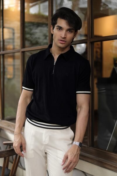 Black Rib Zipper Polo