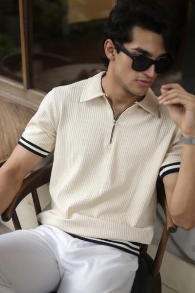 Off White Rib Zipper Polo