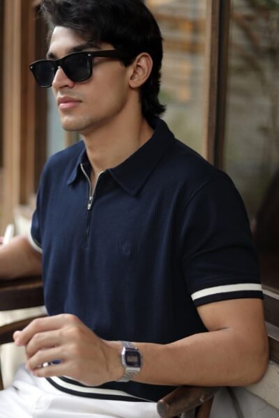 Navy Blue Rib Zipper Polo