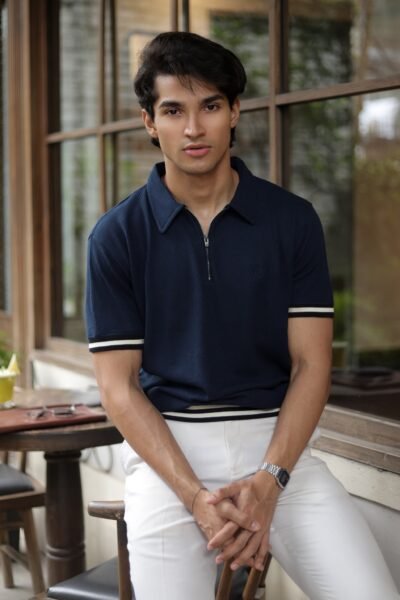 Navy Blue Rib Zipper Polo