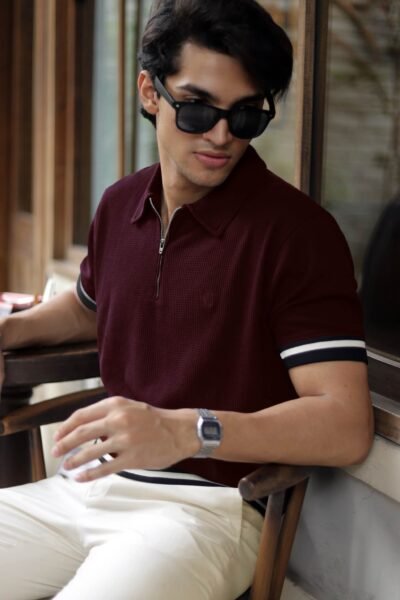 Maroon Rib Zipper Polo