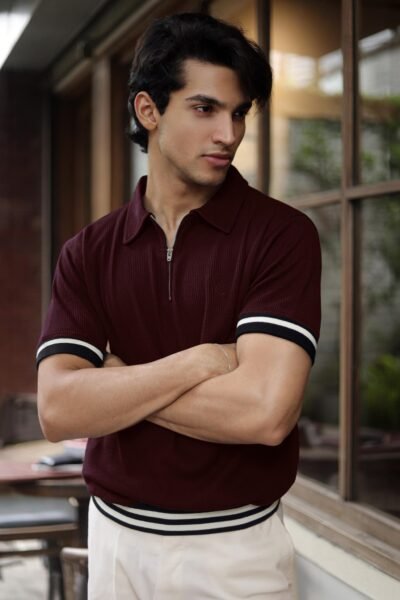Maroon Rib Zipper Polo