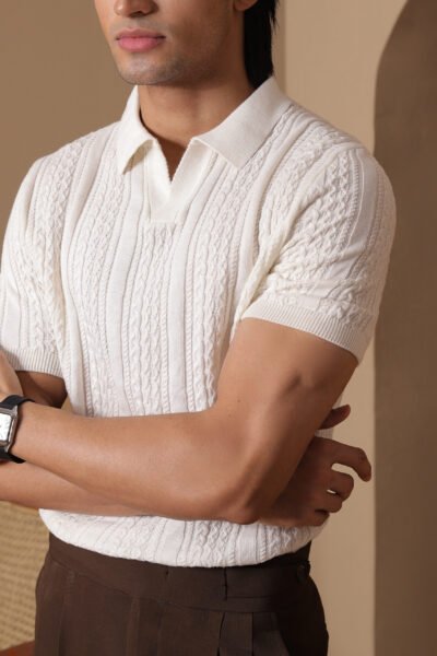 Cream White - Cable Knit Polo