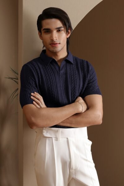 Navy Cable-Knit Polo