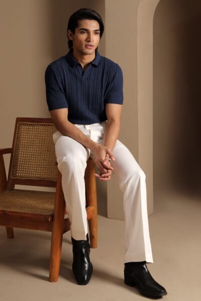 Navy Cable-Knit Polo