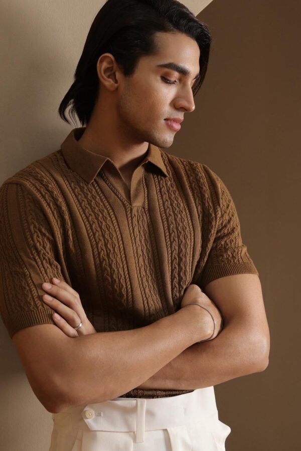 Brown Cable-Knit Polo