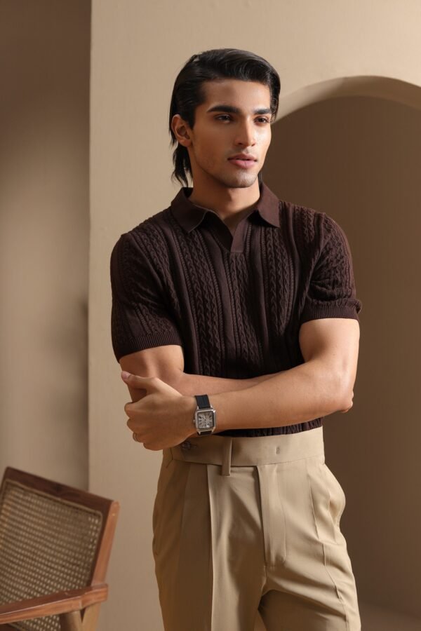 Dark Brown Cable-Knit Polo