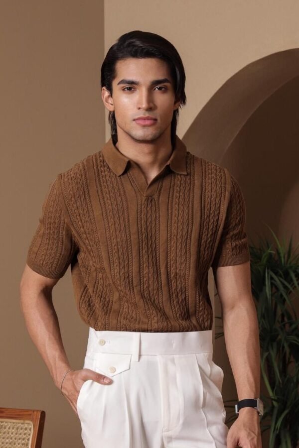 Brown Cable-Knit Polo