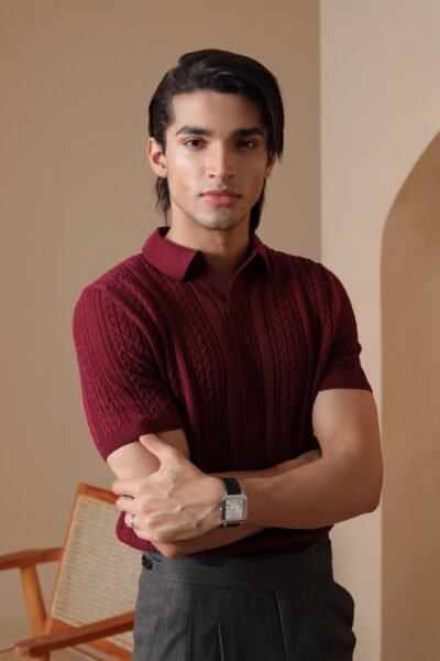 Maroon Cable-Knit Polo