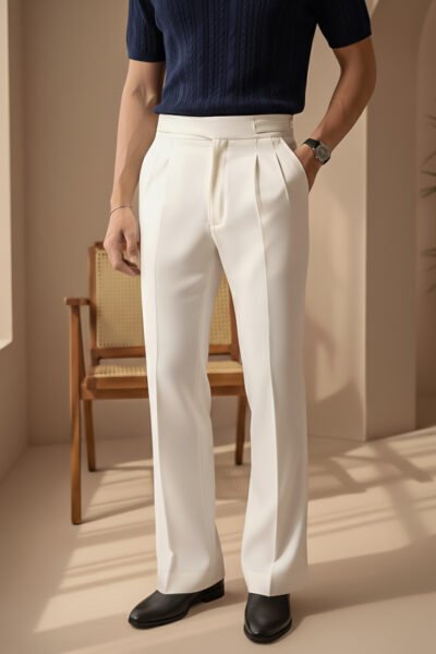 Cream white Flared pants -Cutting Belt