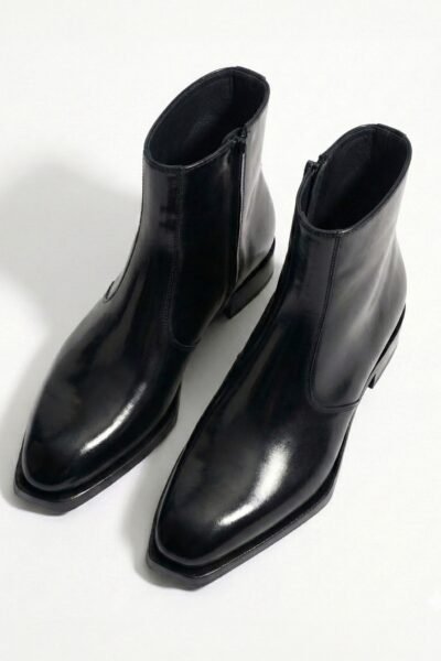 Cuban Heel Leather Boots- Black