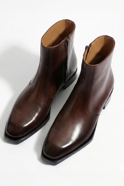 Cuban Heel Leather Boots- Brown