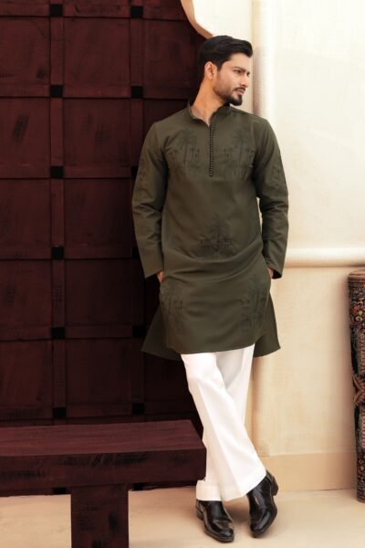 Floral Embroidery Work - Olive