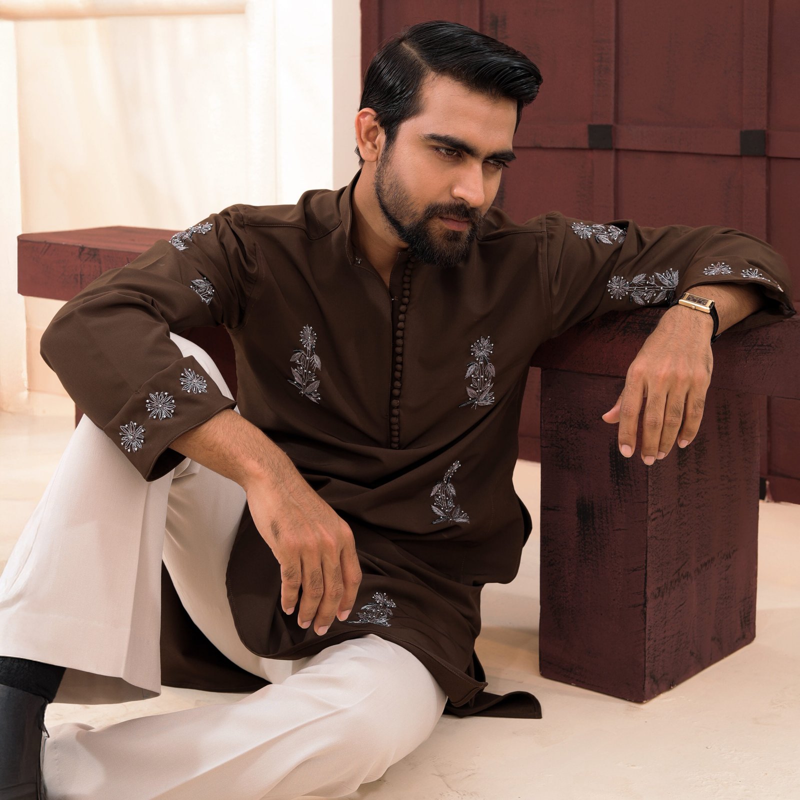 Allover Zardosi Punjabi-Dark brown - Image 3