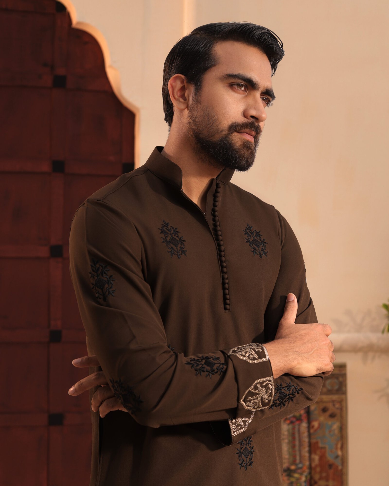 All over embroidery with sleeve embroidery-Chocolate brown - Image 2