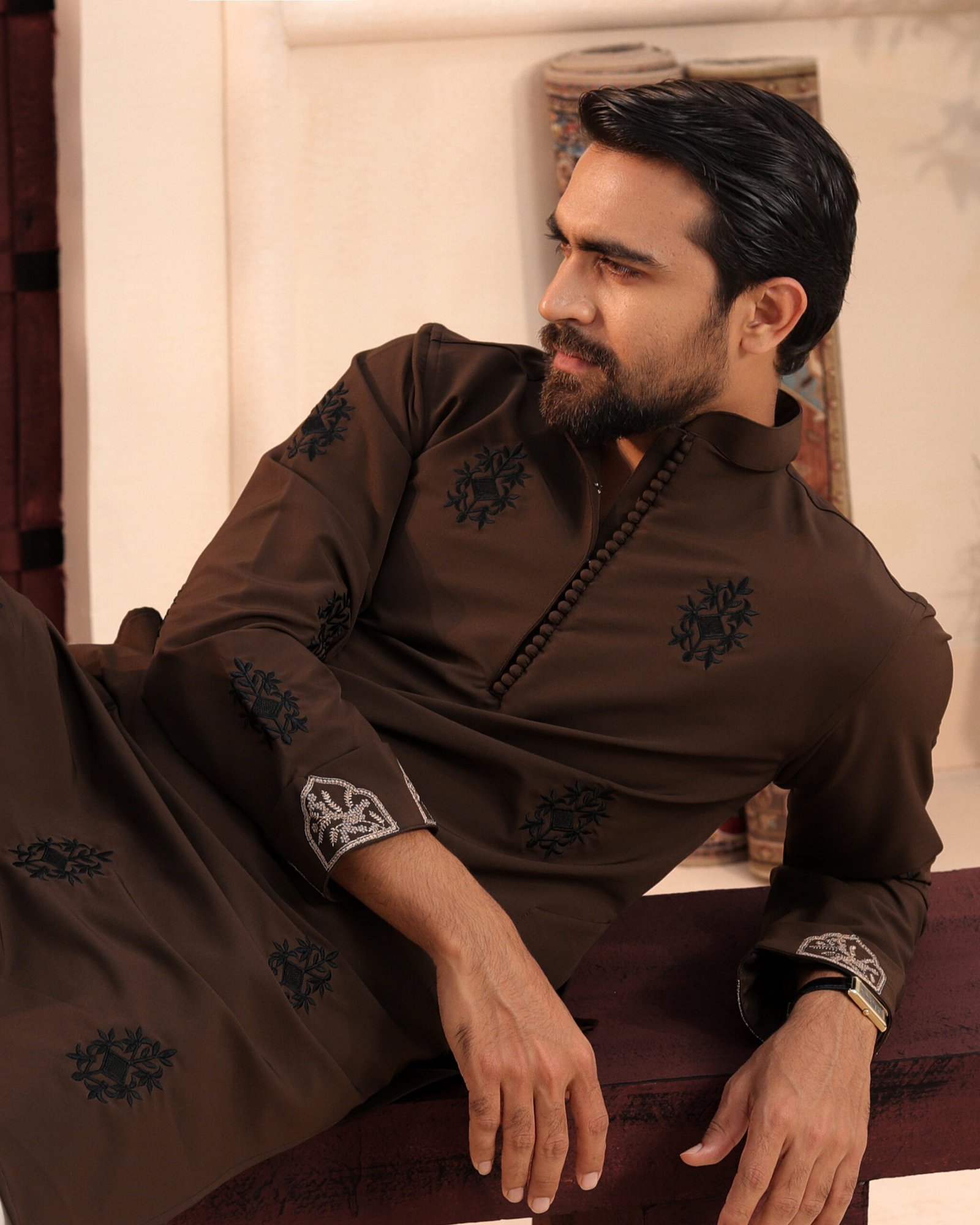 All over embroidery with sleeve embroidery-Chocolate brown - Image 2