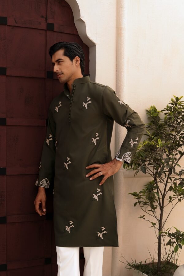 All over embroidery with sleeve embroidery-Olive