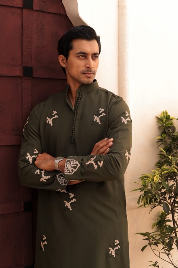 All over embroidery with sleeve embroidery-Olive