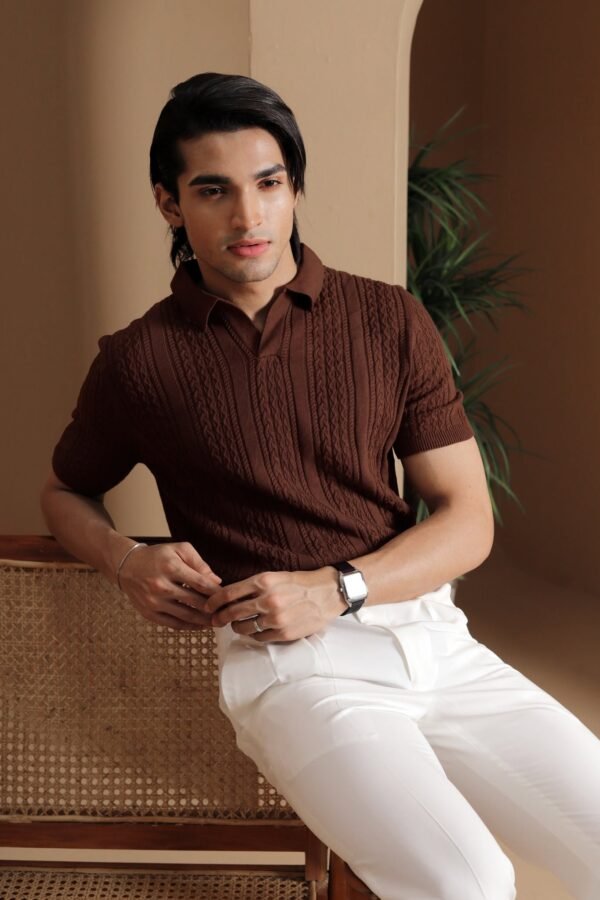 Tobacco Brown Cable-Knit Polo