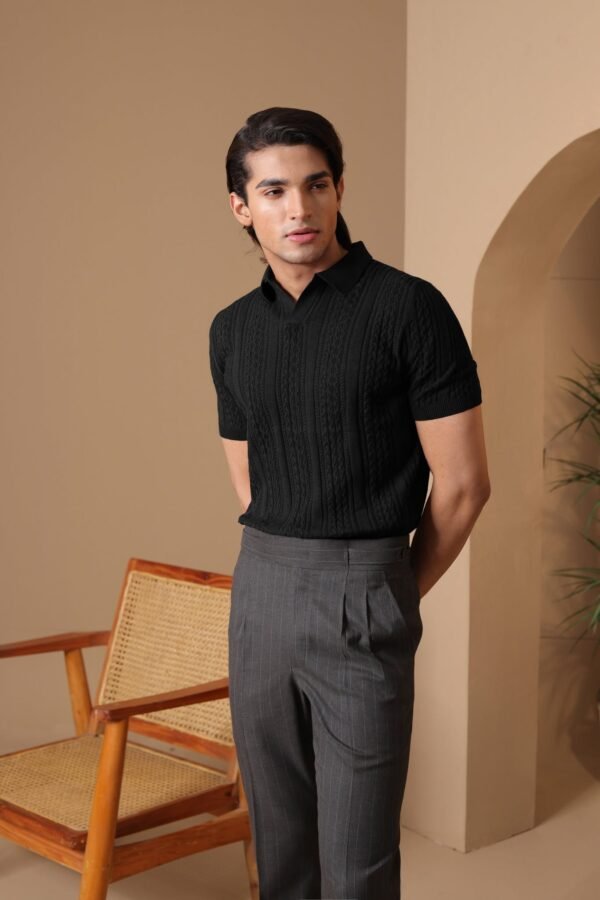 Black Cable-Knit Polo