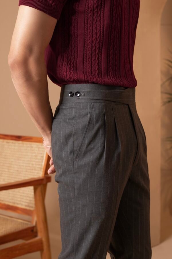 Dark grey pinstripe Flared pants with Cutting belt
