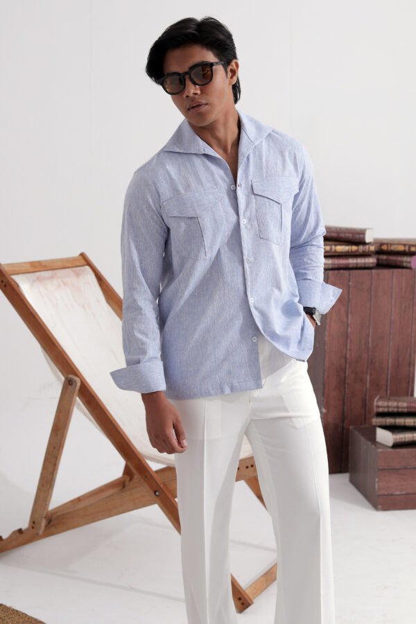 Open Collar Twin Pocket Shirt- Sky blue