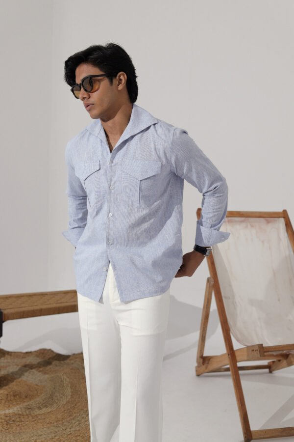 Open Collar Twin Pocket Shirt- Sky blue
