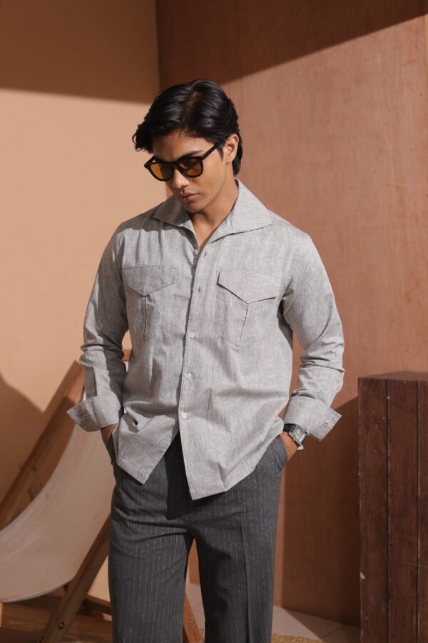 Open Collar Twin Pocket Shirt- Gray