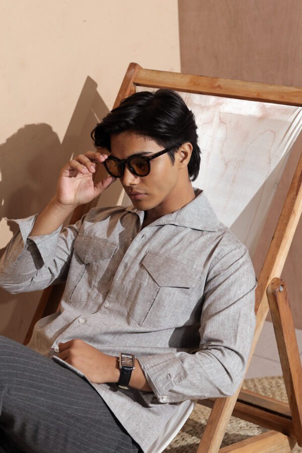 Open Collar Twin Pocket Shirt- Gray